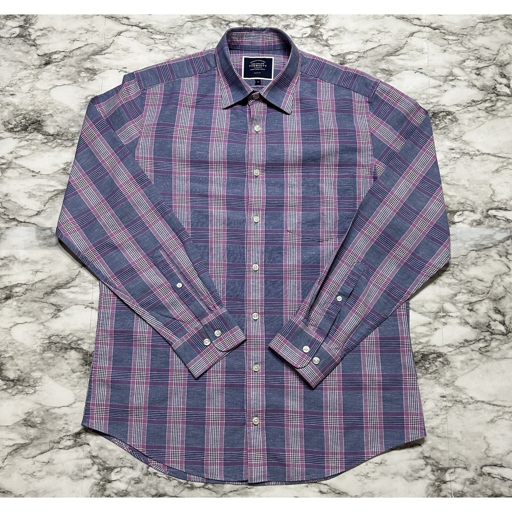 CHARLES TYRWHITT Slim Fit Men's Shirt Size M Blue Pink Plaid Long Sleeve